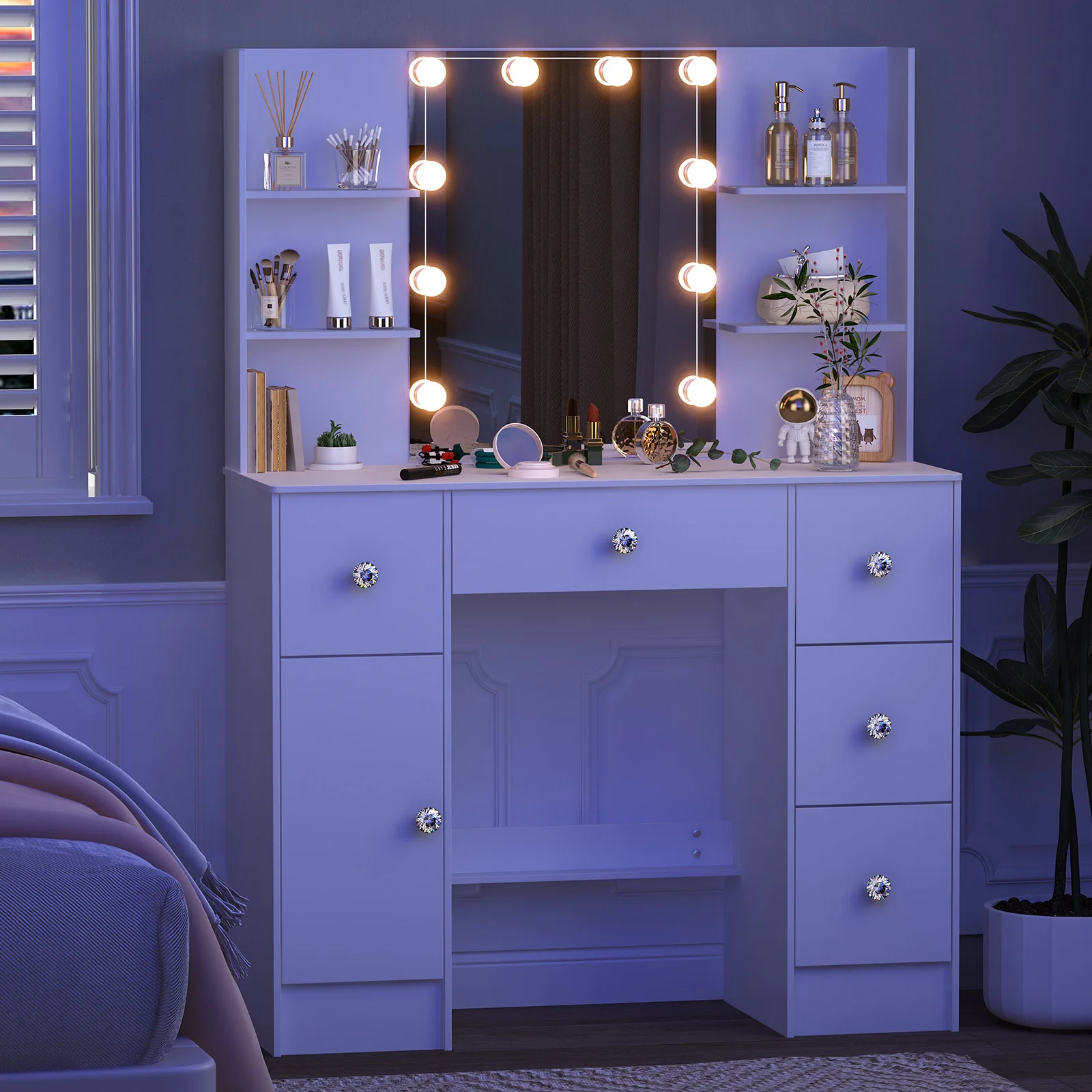 Vanity Dressing Table、Makeup Vanity Set、Light Luxury Bedroom Furniture、3 Color Dimmable LED Mirror、5 Drawers Storage Organizer