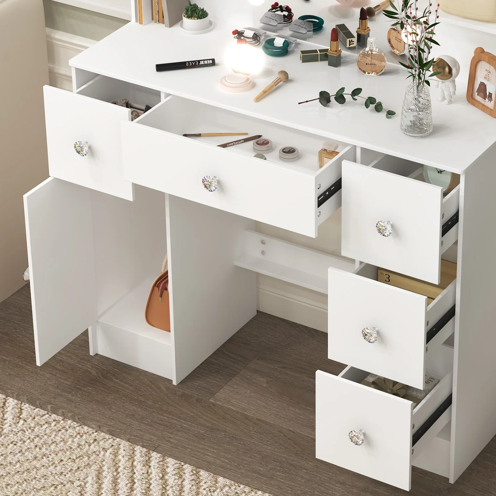 Vanity Dressing Table、Makeup Vanity Set、Light Luxury Bedroom Furniture、3 Color Dimmable LED Mirror、5 Drawers Storage Organizer