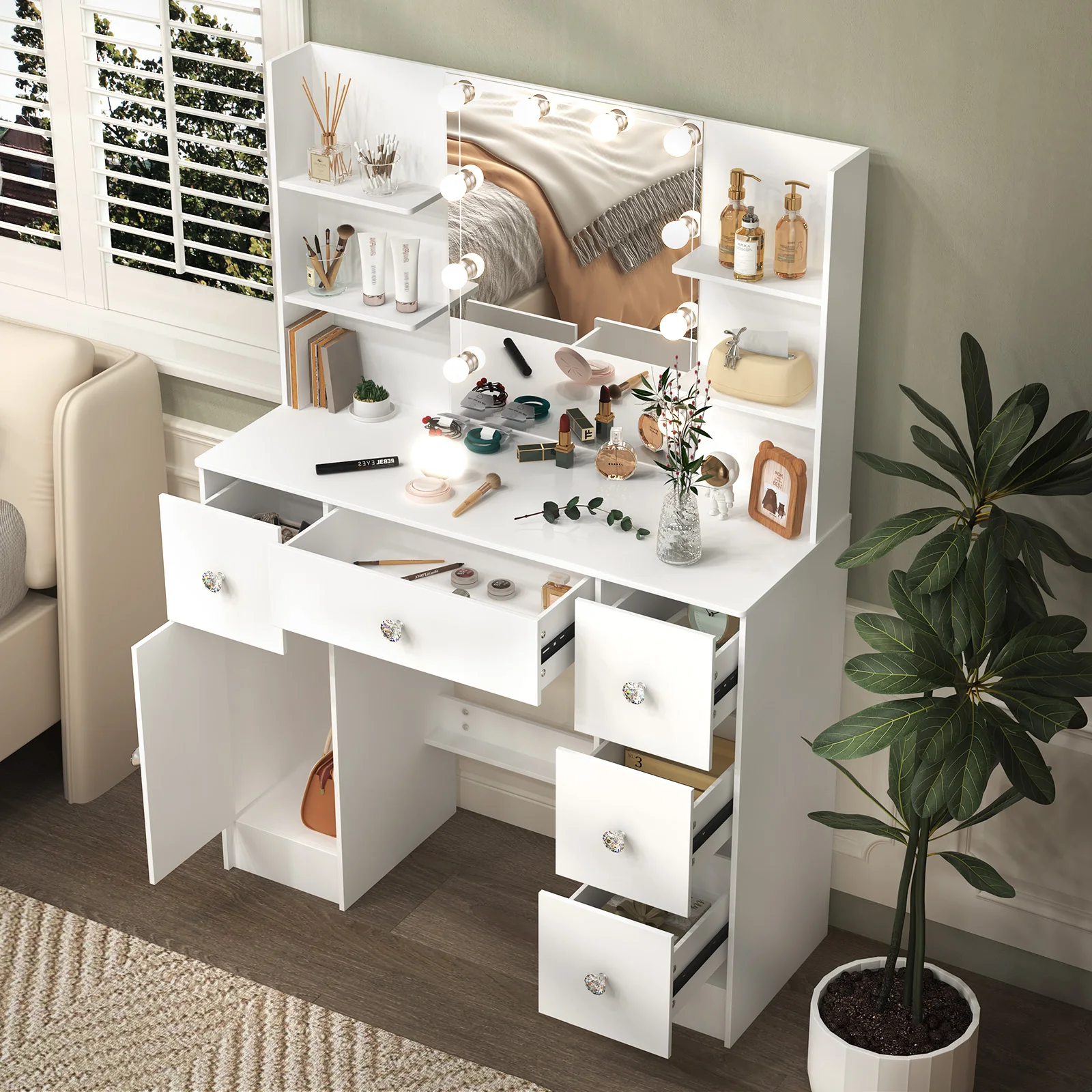 Vanity Dressing Table、Makeup Vanity Set、Light Luxury Bedroom Furniture、3 Color Dimmable LED Mirror、5 Drawers Storage Organizer