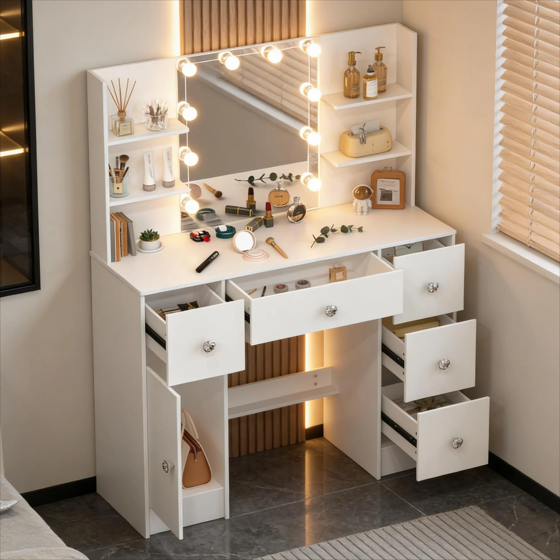 Vanity Dressing Table、Makeup Vanity Set、Light Luxury Bedroom Furniture、3 Color Dimmable LED Mirror、5 Drawers Storage Organizer