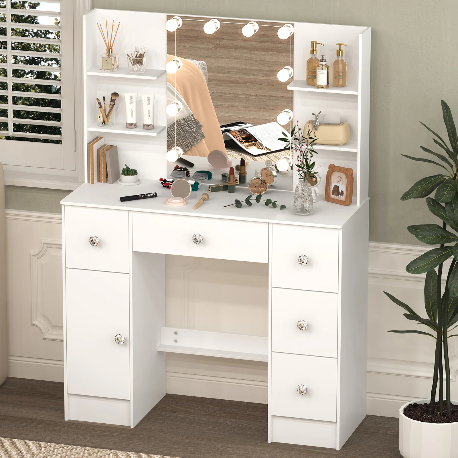 Vanity Dressing Table、Makeup Vanity Set、Light Luxury Bedroom Furniture、3 Color Dimmable LED Mirror、5 Drawers Storage Organizer
