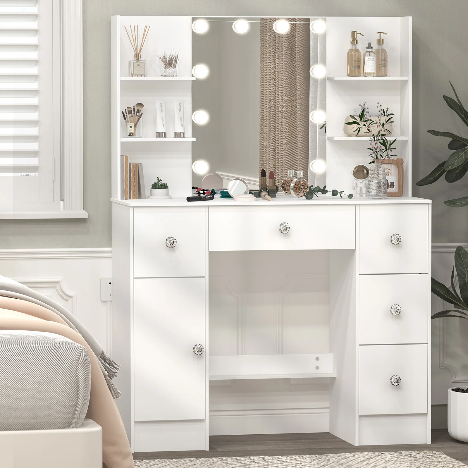 Vanity Dressing Table、Makeup Vanity Set、Light Luxury Bedroom Furniture、3 Color Dimmable LED Mirror、5 Drawers Storage Organizer