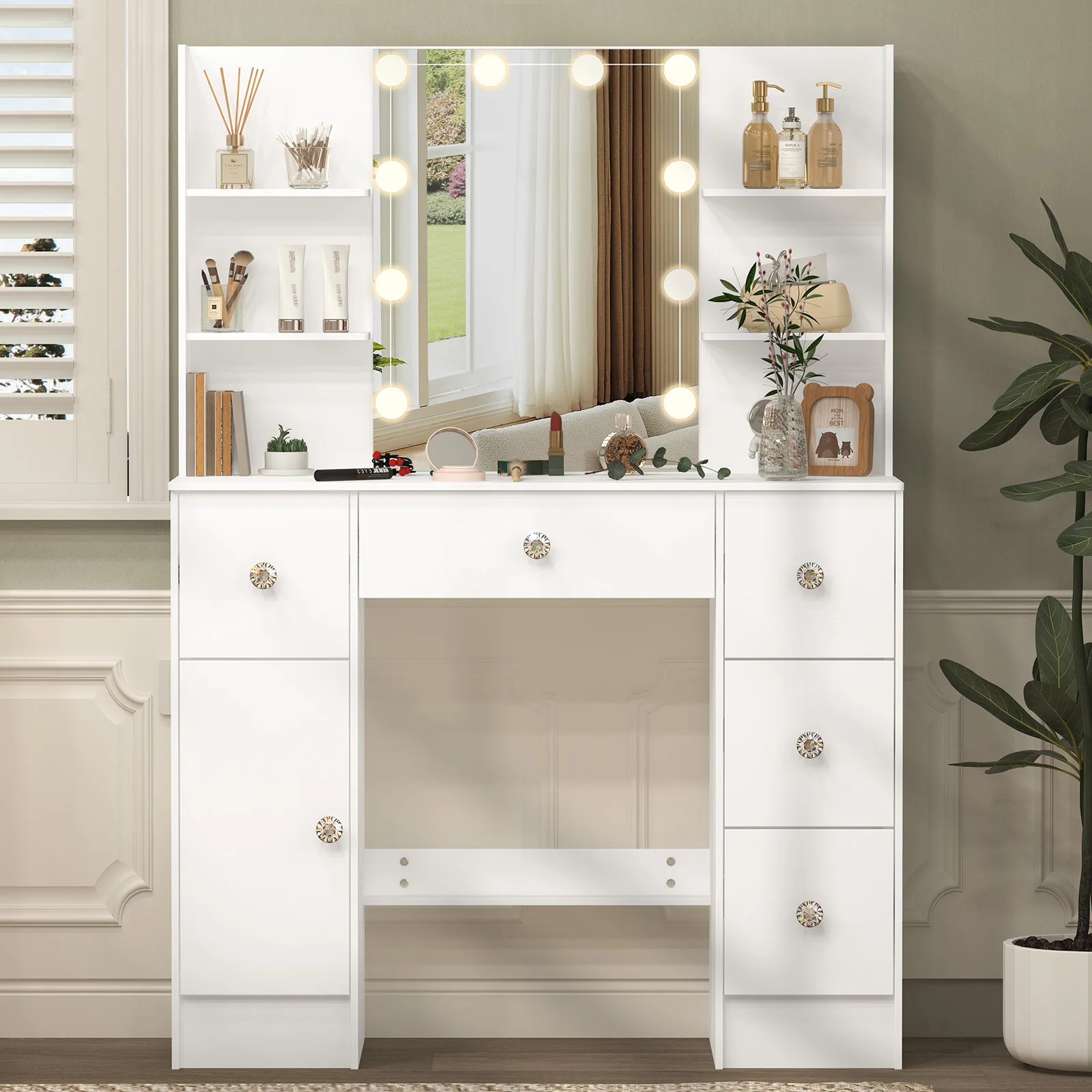 Vanity Dressing Table、Makeup Vanity Set、Light Luxury Bedroom Furniture、3 Color Dimmable LED Mirror、5 Drawers Storage Organizer
