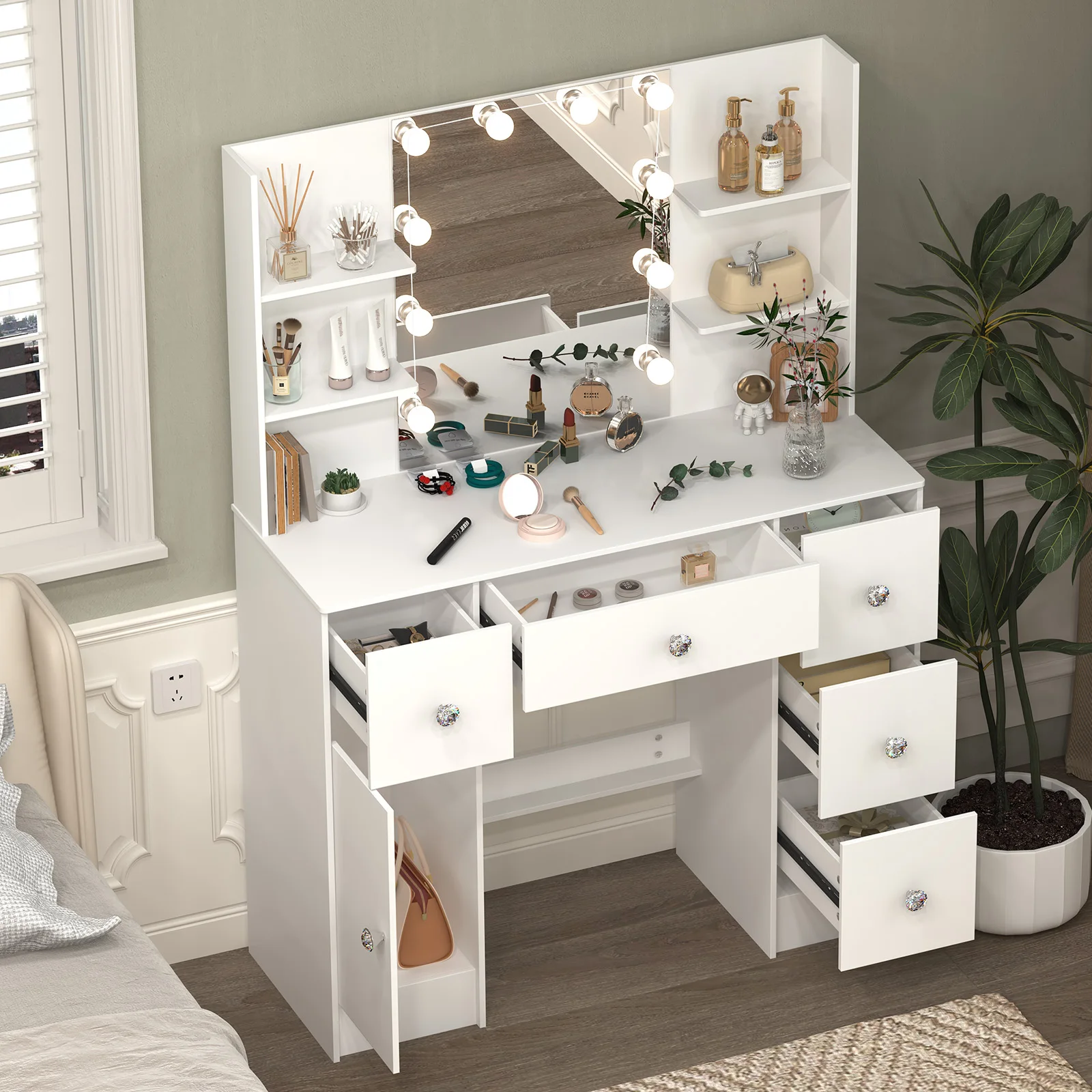 Vanity Dressing Table、Makeup Vanity Set、Light Luxury Bedroom Furniture、3 Color Dimmable LED Mirror、5 Drawers Storage Organizer