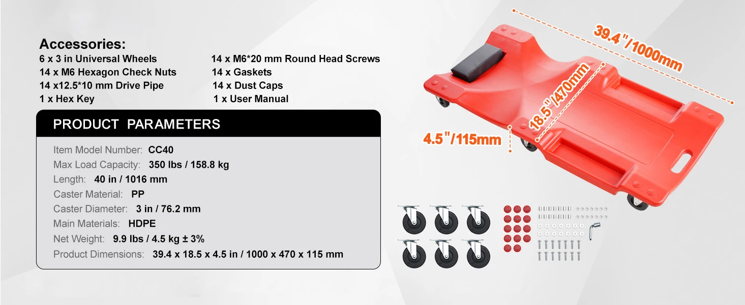 SucceBuy Mechanic Plastic Creeper Automotive Rolling Garage Creeper w/ Molded Ergonomic HDPE Body Padded Headrest for Garage