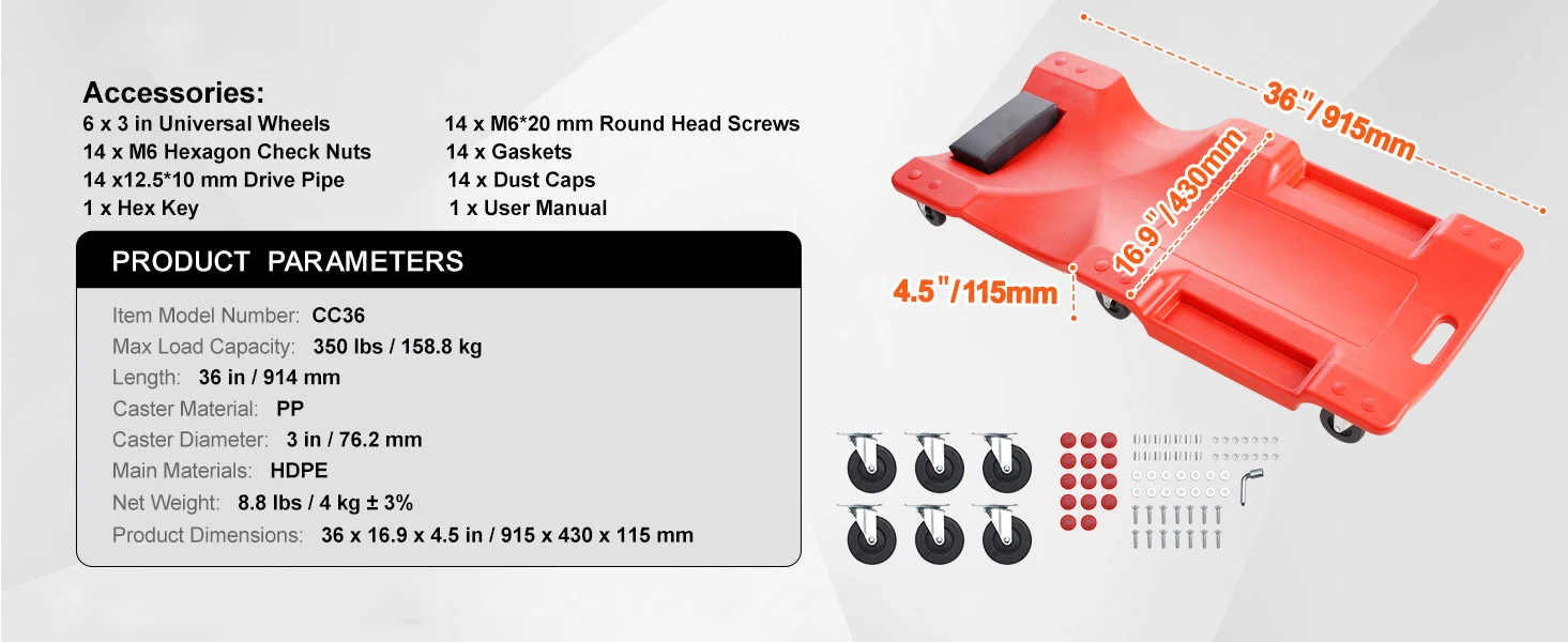 SucceBuy Mechanic Plastic Creeper Automotive Rolling Garage Creeper w/ Molded Ergonomic HDPE Body Padded Headrest for Garage