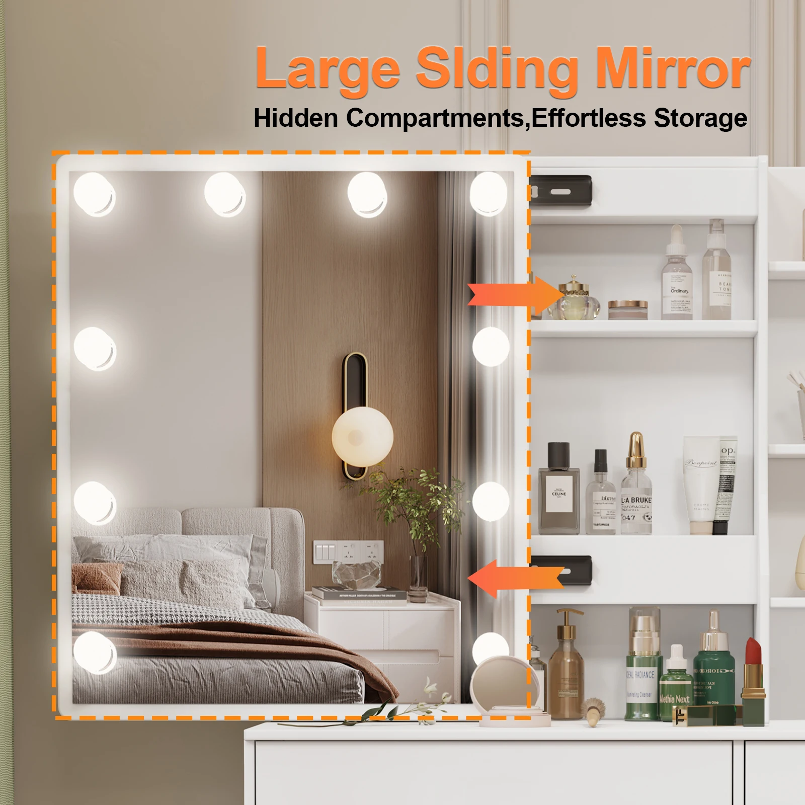 Teousev White Modern Wood Vanity Set with Touch Control Dimmable LED Lighted Mirror 7 Drawers Easy Assembly Bedroom Makeup Desk