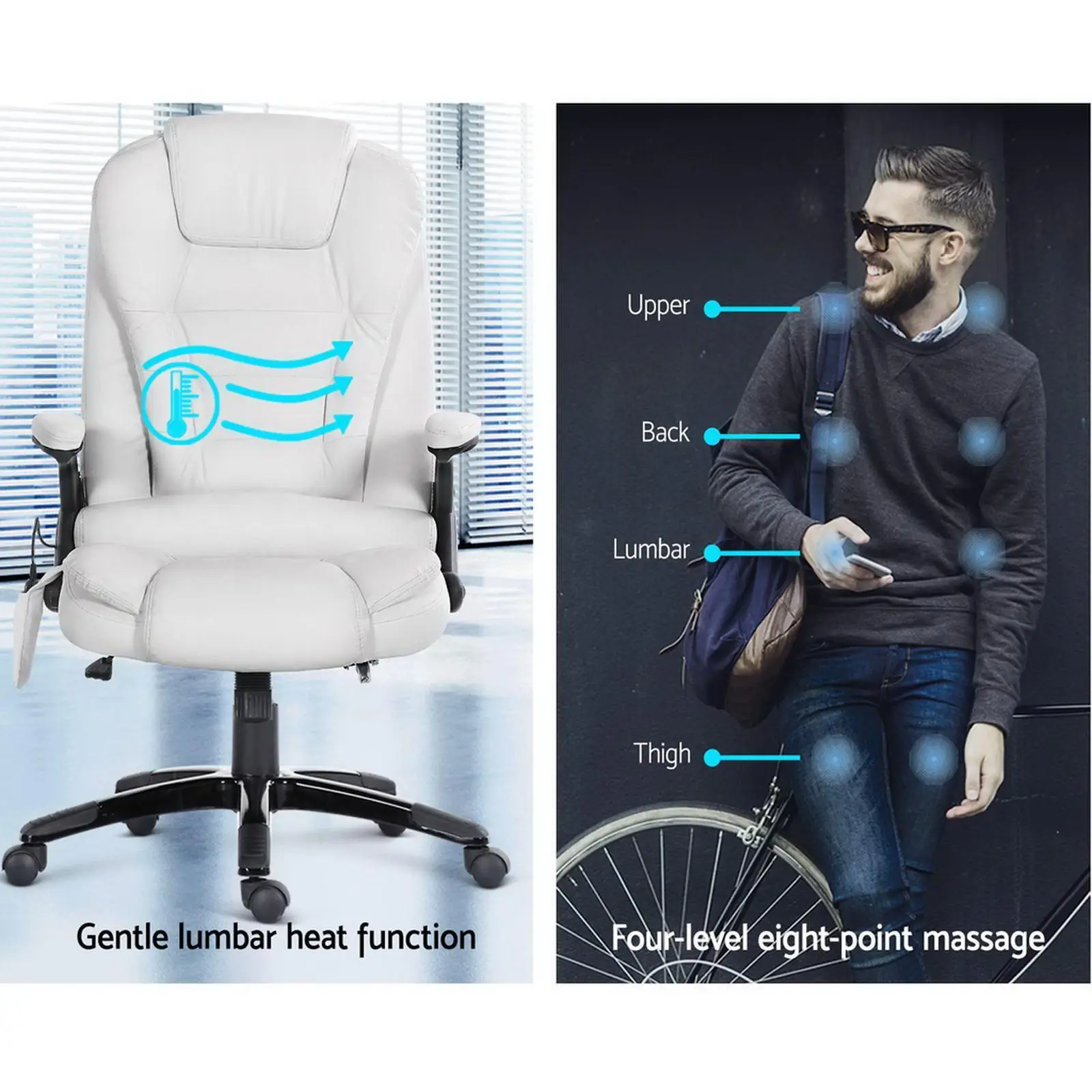 8 Point Heated Massage Office Chair Recliner PU Leather White Ergonomic Adjustable Relaxation Chair