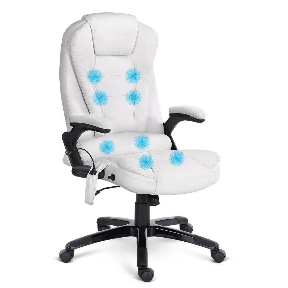 8 Point Heated Massage Office Chair Recliner PU Leather White Ergonomic Adjustable Relaxation Chair