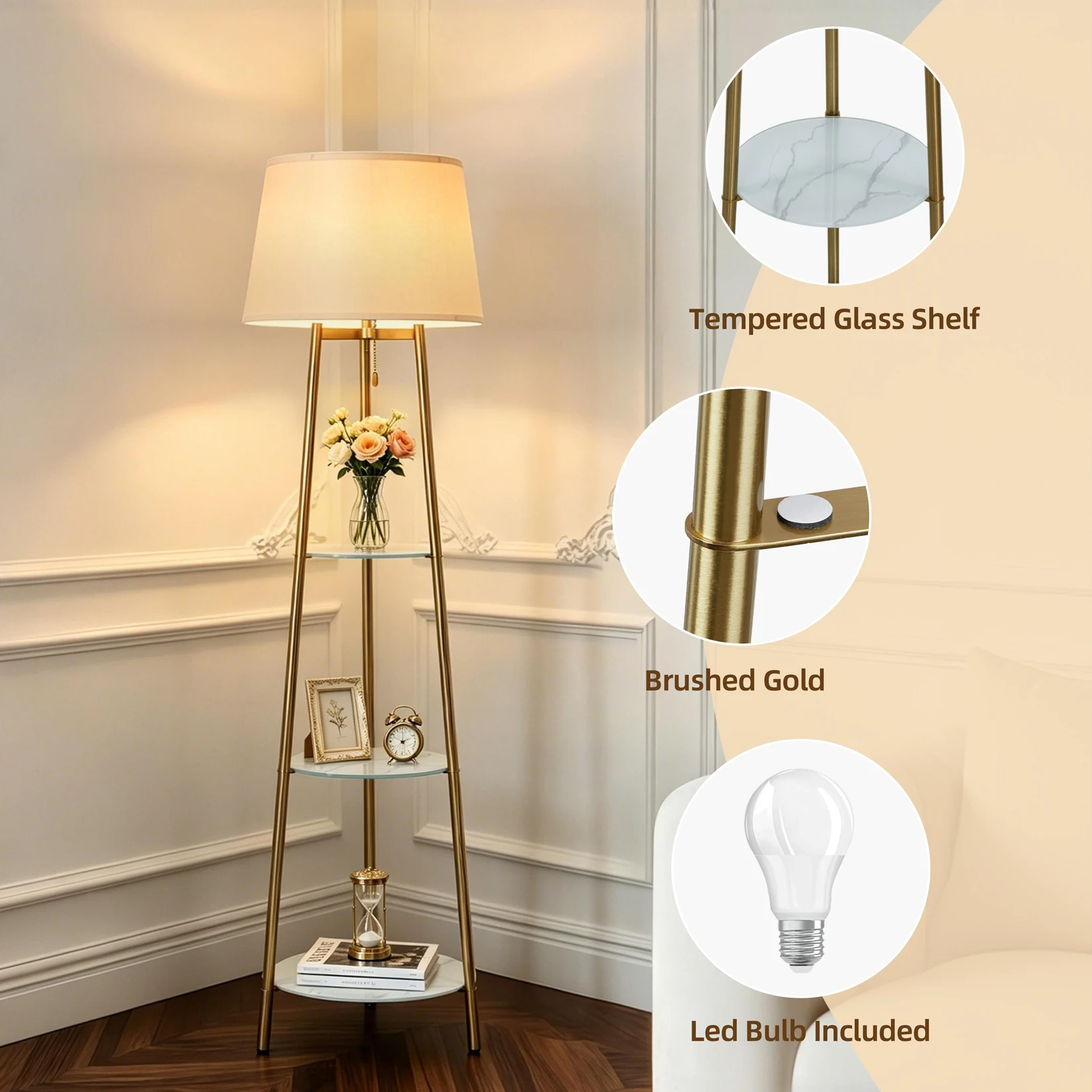 Modern Corner Display Column Bookshelf Lamp, Upgraded Version of Dimmable High Vertical Floor Lamp with Linen Lampshade, LED Bulb, Suitable for Living Room and Reading Room, Bedroom, Office and Nursery, White Marble and Golden Pillars