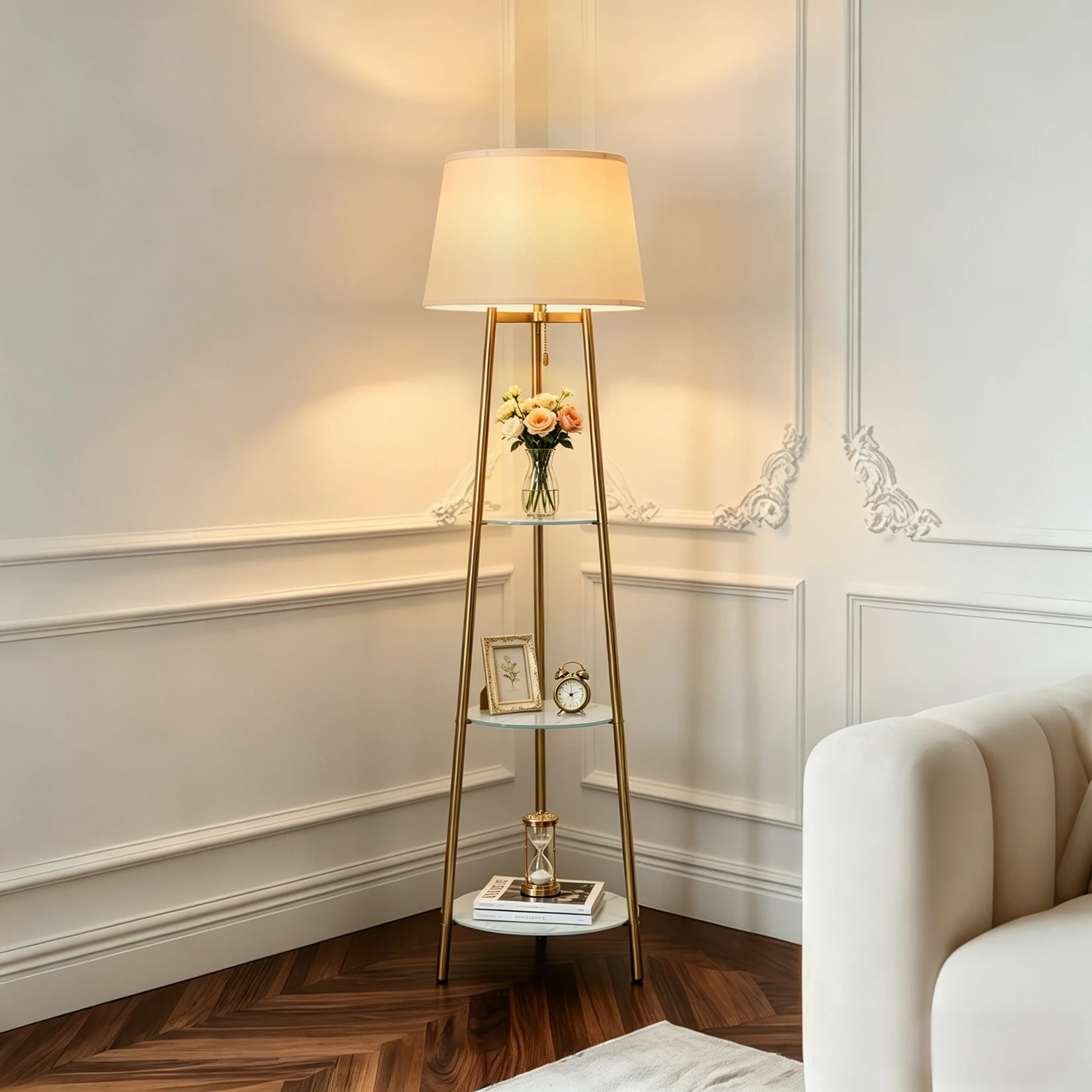 Modern Corner Display Column Bookshelf Lamp, Upgraded Version of Dimmable High Vertical Floor Lamp with Linen Lampshade, LED Bulb, Suitable for Living Room and Reading Room, Bedroom, Office and Nursery, White Marble and Golden Pillars