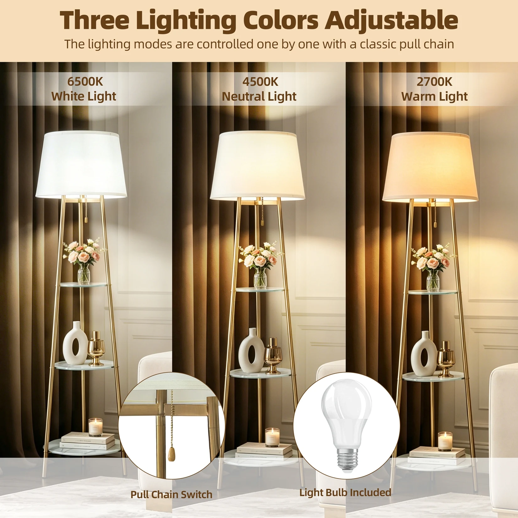 Modern Corner Display Column Bookshelf Lamp, Upgraded Version of Dimmable High Vertical Floor Lamp with Linen Lampshade, LED Bulb, Suitable for Living Room and Reading Room, Bedroom, Office and Nursery, White Marble and Golden Pillars