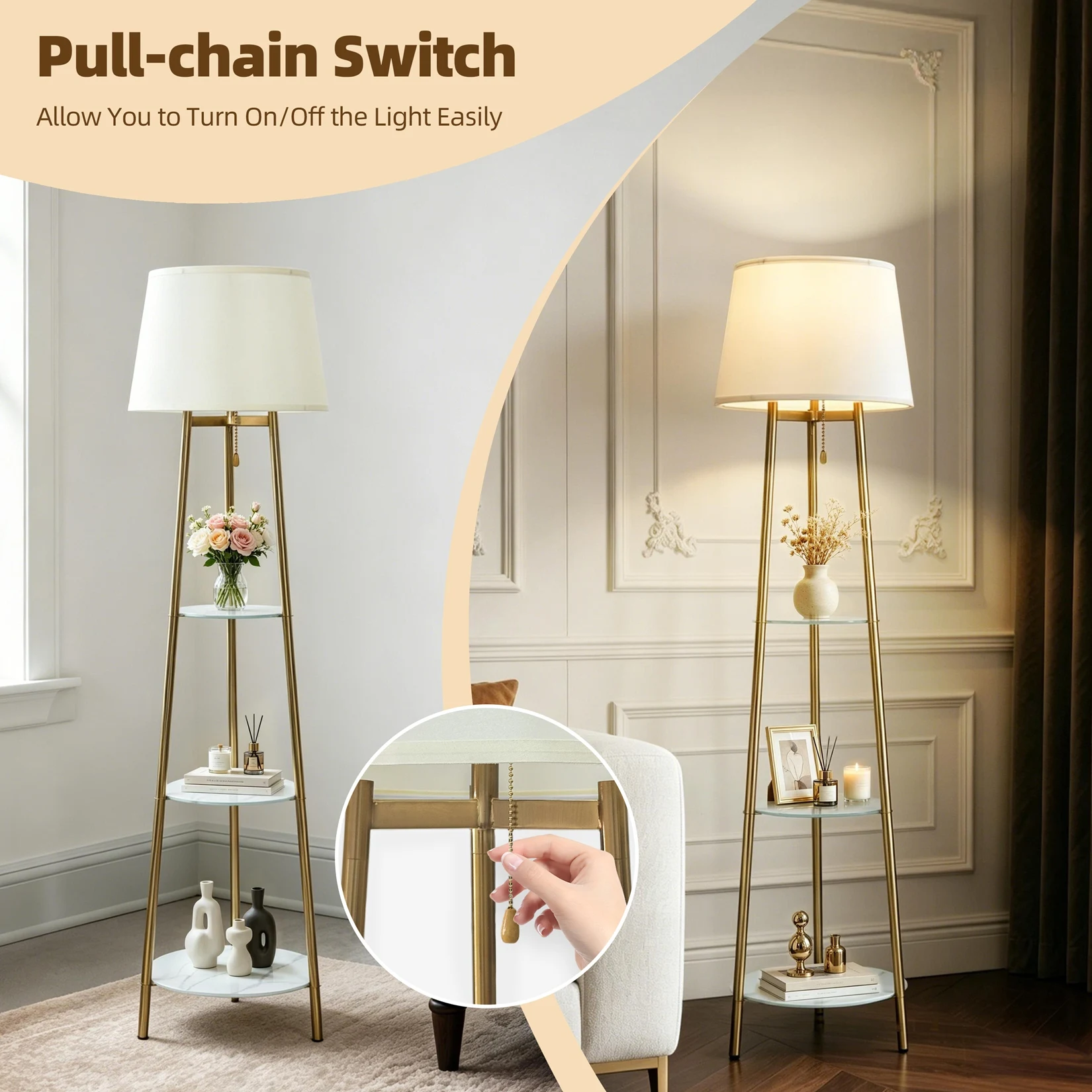 Modern Corner Display Column Bookshelf Lamp, Upgraded Version of Dimmable High Vertical Floor Lamp with Linen Lampshade, LED Bulb, Suitable for Living Room and Reading Room, Bedroom, Office and Nursery, White Marble and Golden Pillars