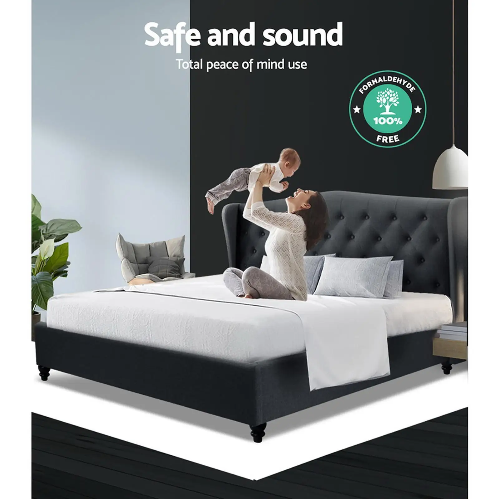 Queen Size Charcoal Bed Frame Modern Upholstered Platform Bed with Sturdy Support and Elegant Minimalist Design