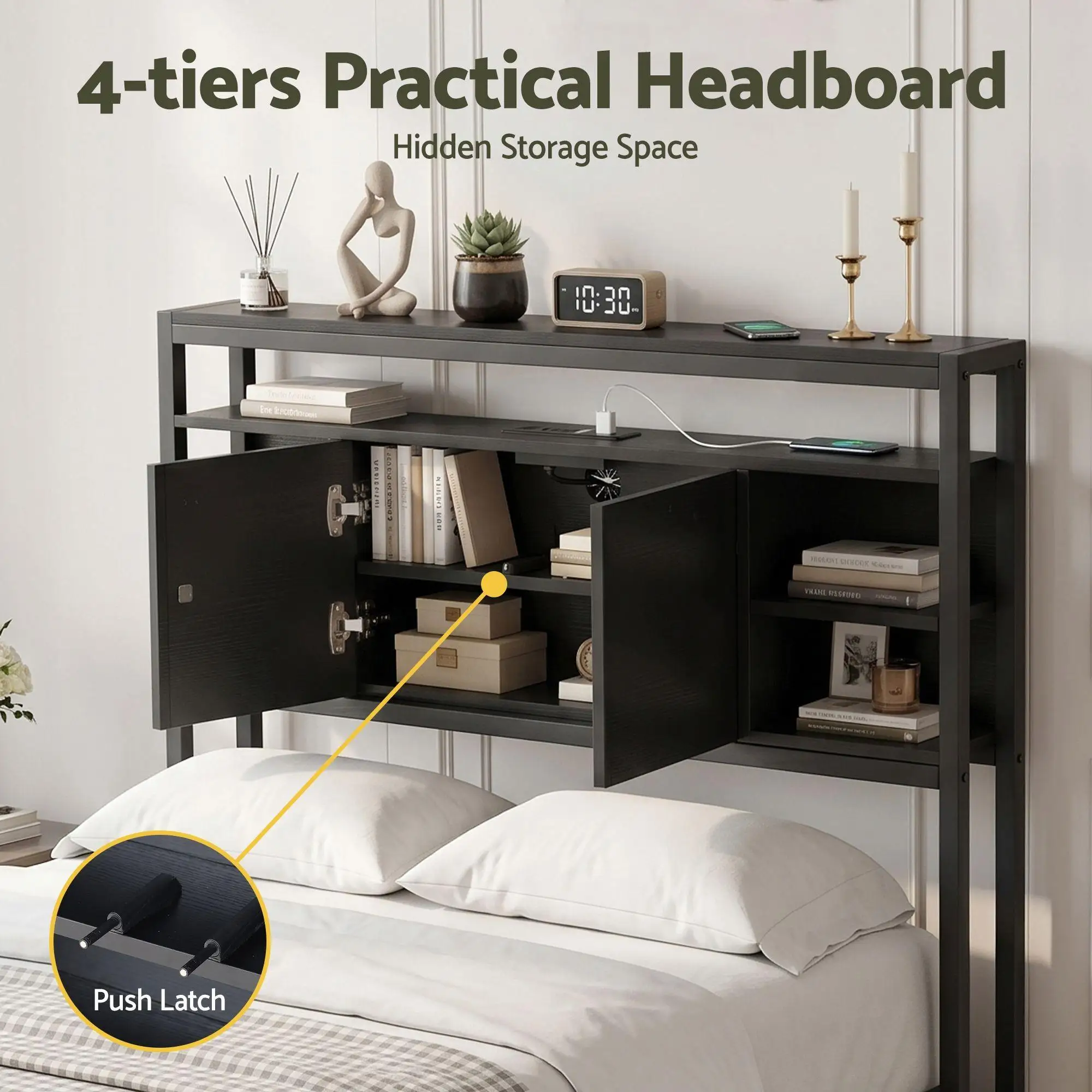 King Single Bed Headboard Storage Charging Station Black