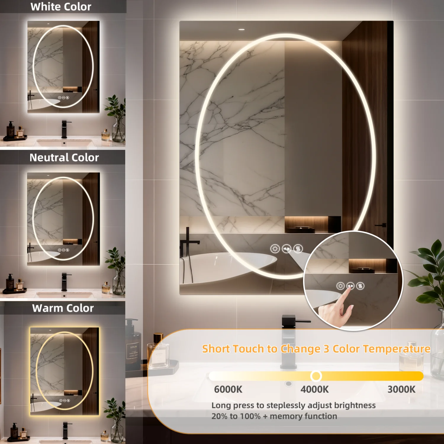 70/80/90CM Double LED Lighted Bathroom Mirror Square-round Tempered Glass Frontlit and Backlit Antifog Vanity Mirror