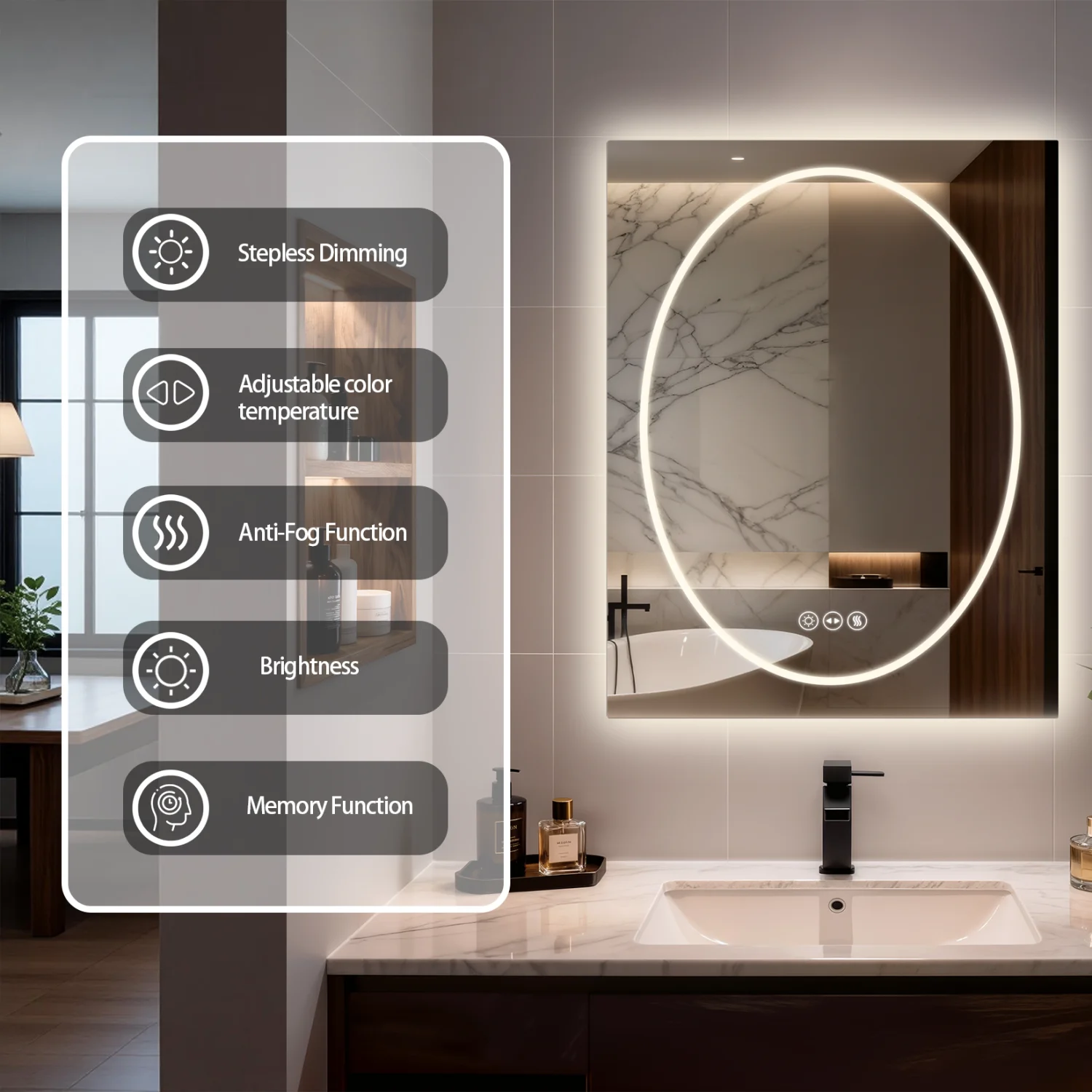 70/80/90CM Double LED Lighted Bathroom Mirror Square-round Tempered Glass Frontlit and Backlit Antifog Vanity Mirror