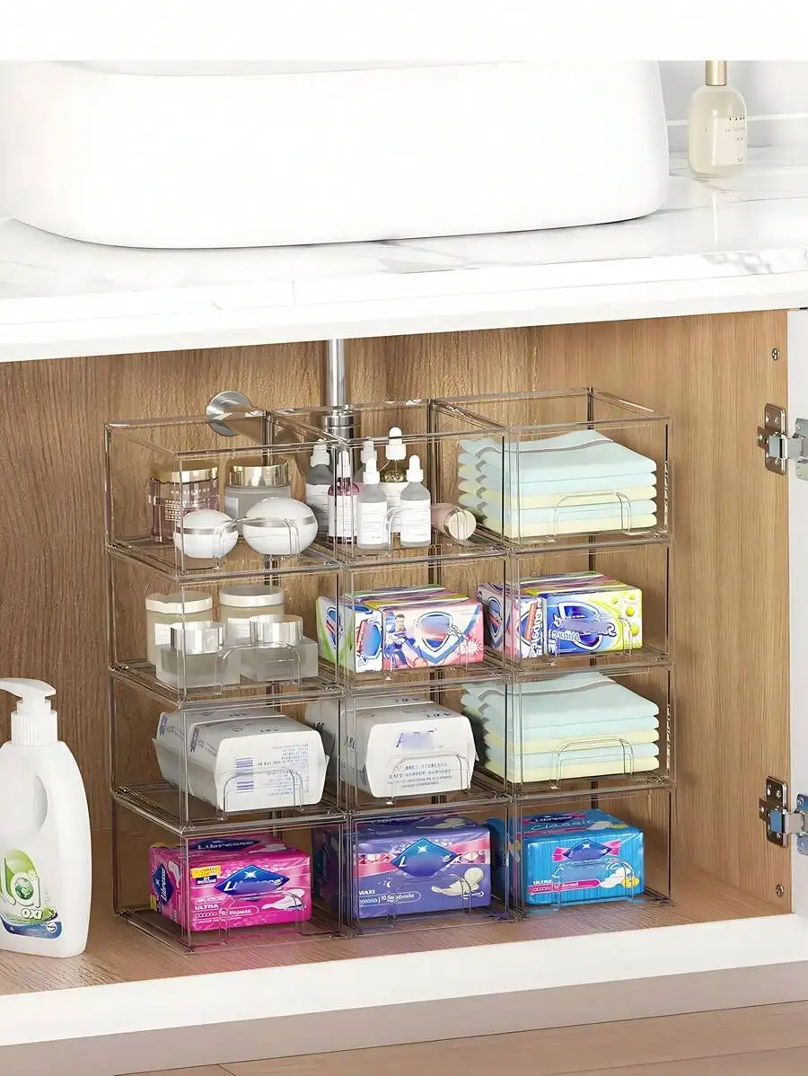 1pc Transparent Stackable Storage Drawer, 4.4 Inch High Acrylic Bathroom Cosmetic Organizer Box, Plastic Storage Bin, Suitable