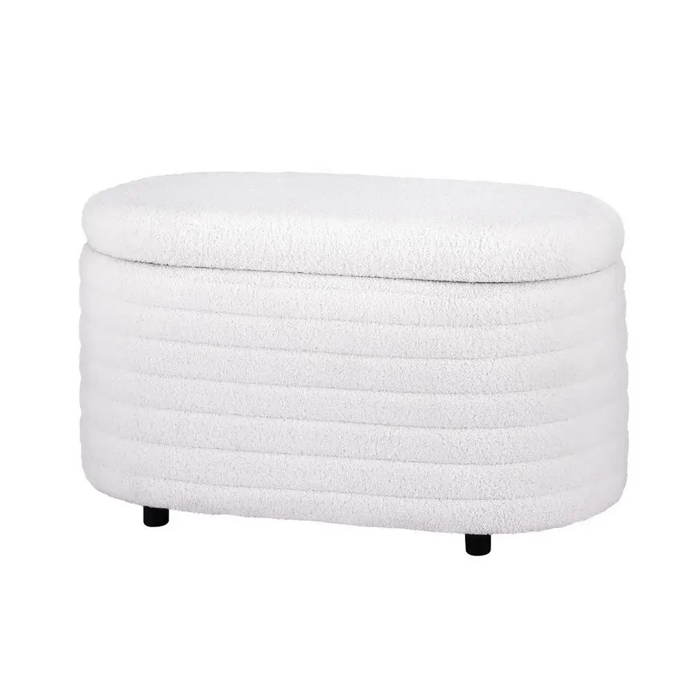 Storage Ottoman Blanket Box 87cm Boucle Fabric Oval Storage Bench Upholstered Footstool for Bedroom Living Room Space Saving Hidden Storage