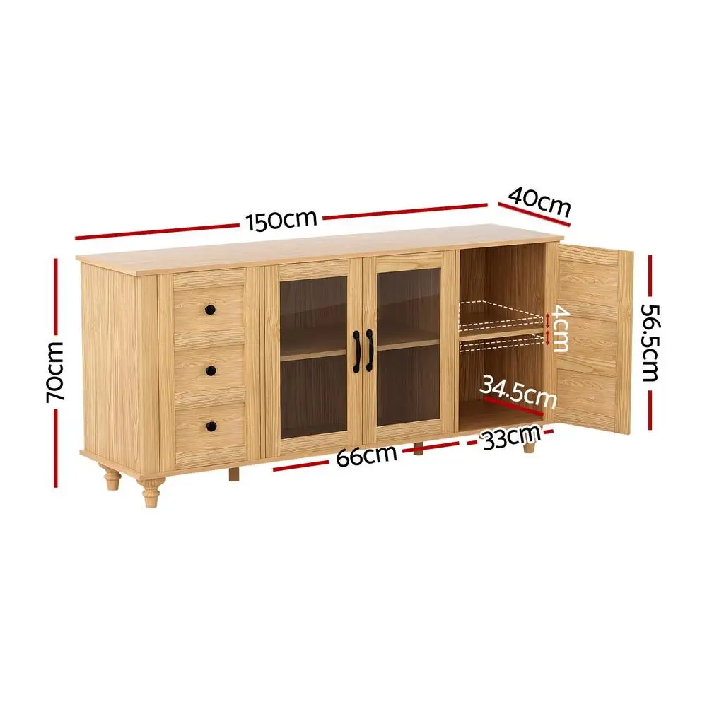 150CM Pine Buffet Sideboard Storage Cabinet Kitchen Cupboard Faux Drawer Wooden Storage Cabinet