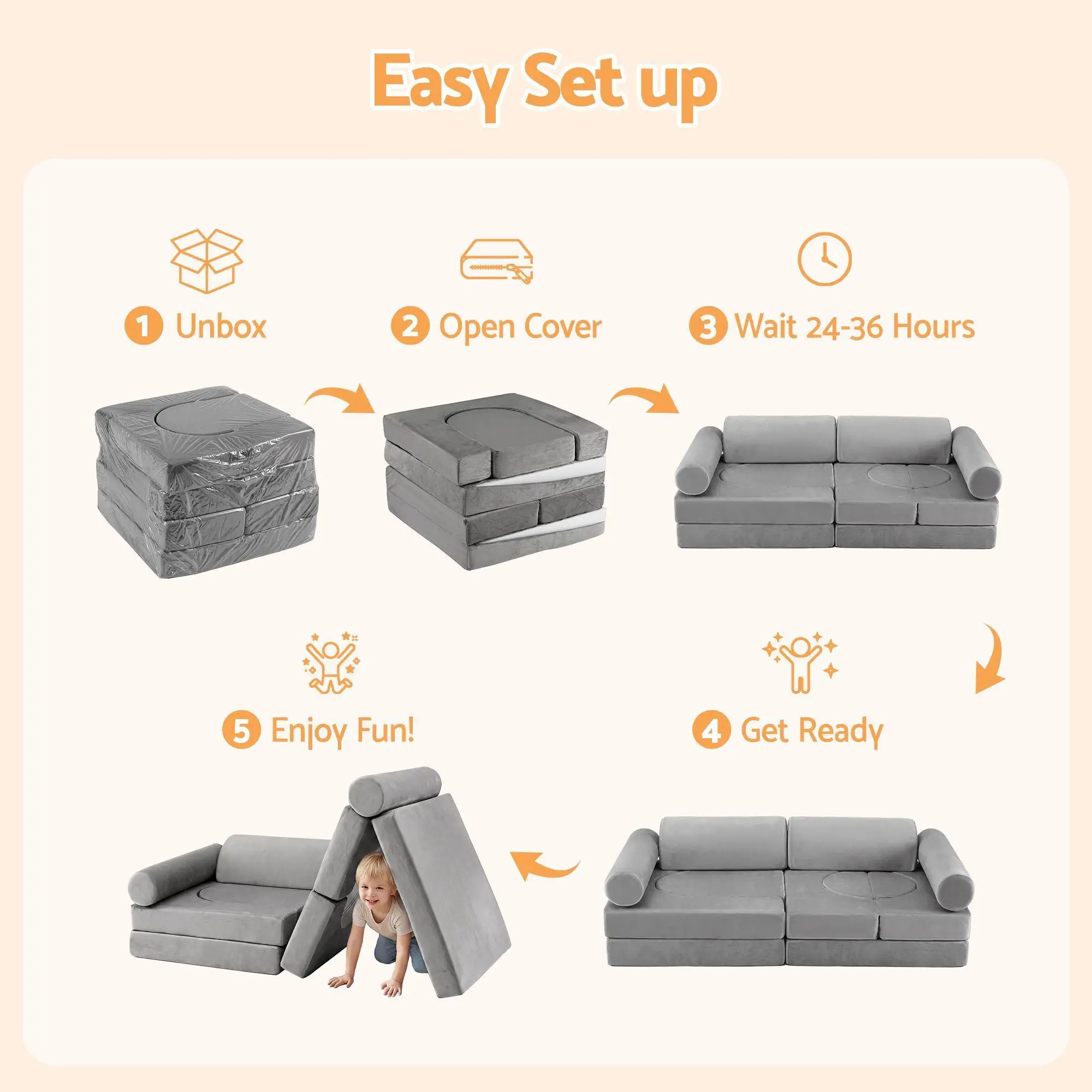 12PCS Modular Kids Play Couch Foam Sofa Set Removable Washable Cover Grey Playroom Furniture