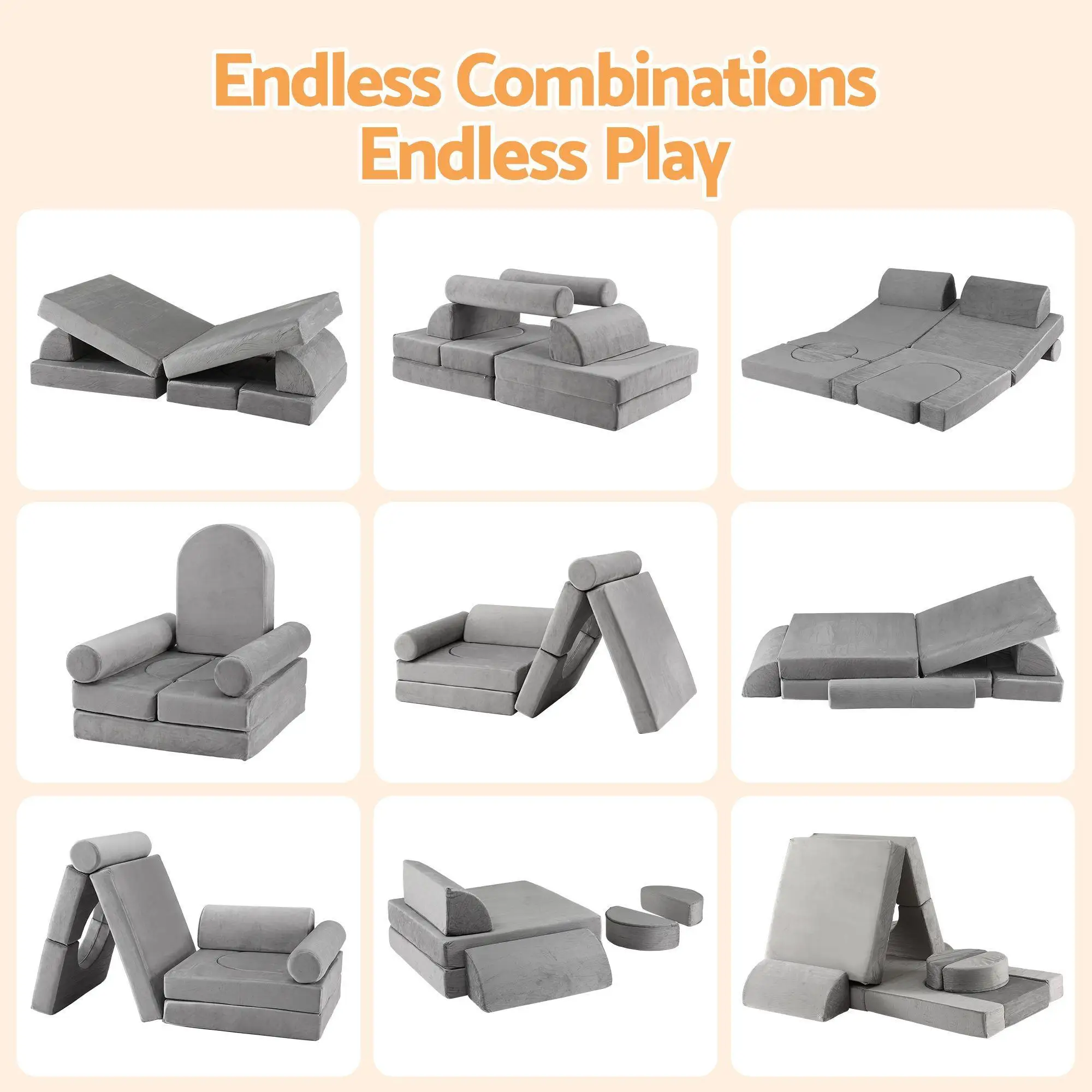 12PCS Modular Kids Play Couch Foam Sofa Set Removable Washable Cover Grey Playroom Furniture