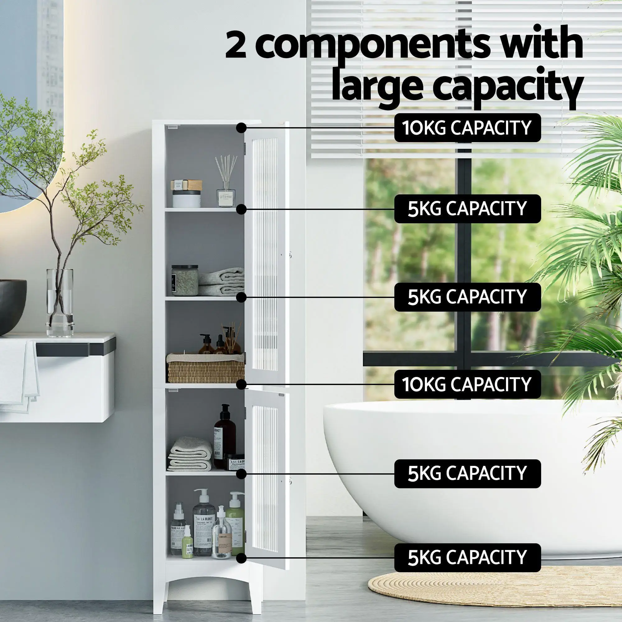 Tall Slim Bathroom Storage Cabinet White Glass Door Toilet Floor Cupboard 160cm
