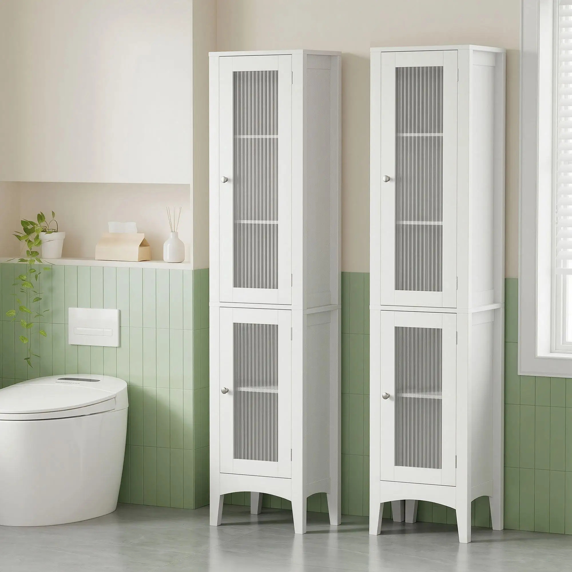 Tall Slim Bathroom Storage Cabinet White Glass Door Toilet Floor Cupboard 160cm