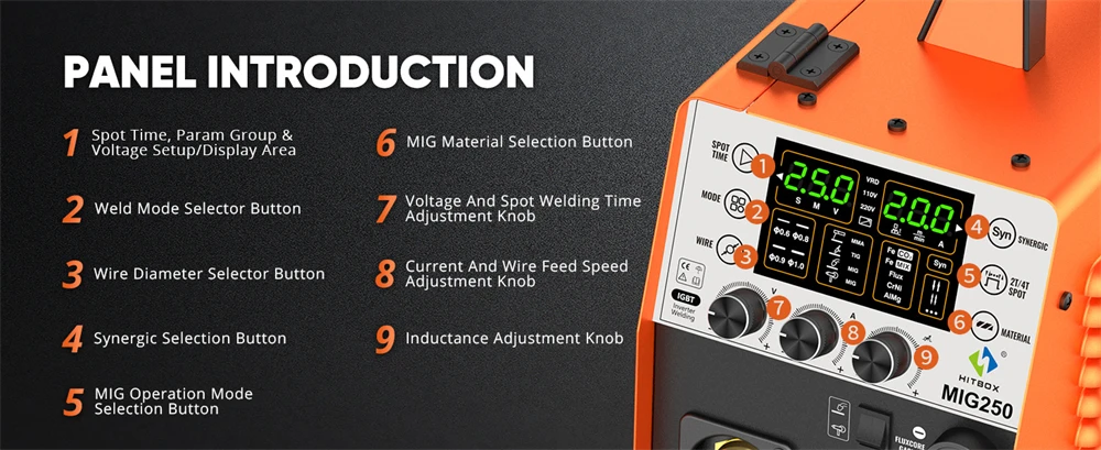 HITBOX MIG250 Aluminum MIG Welder 230V 6 in 1 Stick ARC MMA Gas/Gasless MIG LIift TIG Support Spool Gun Pulse Semiautomatic Welding Machine Synergy Welder Tool