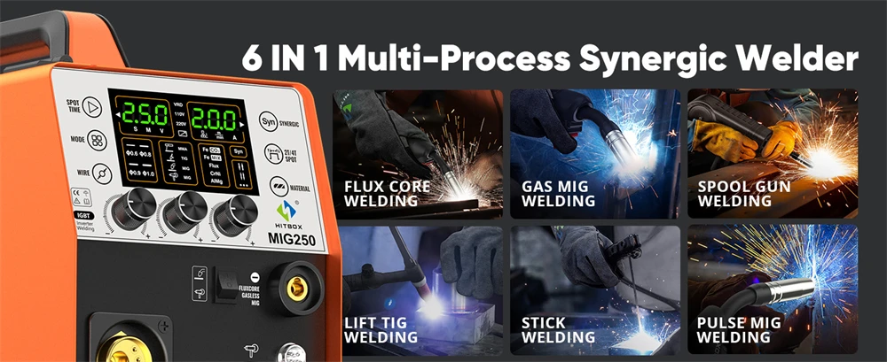 HITBOX MIG250 Aluminum MIG Welder 230V 6 in 1 Stick ARC MMA Gas/Gasless MIG LIift TIG Support Spool Gun Pulse Semiautomatic Welding Machine Synergy Welder Tool