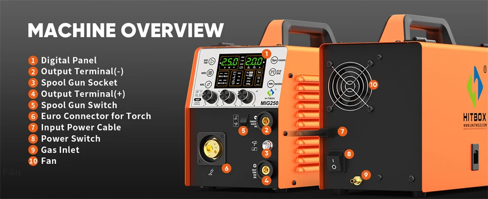 HITBOX MIG250 Aluminum MIG Welder 230V 6 in 1 Stick ARC MMA Gas/Gasless MIG LIift TIG Support Spool Gun Pulse Semiautomatic Welding Machine Synergy Welder Tool