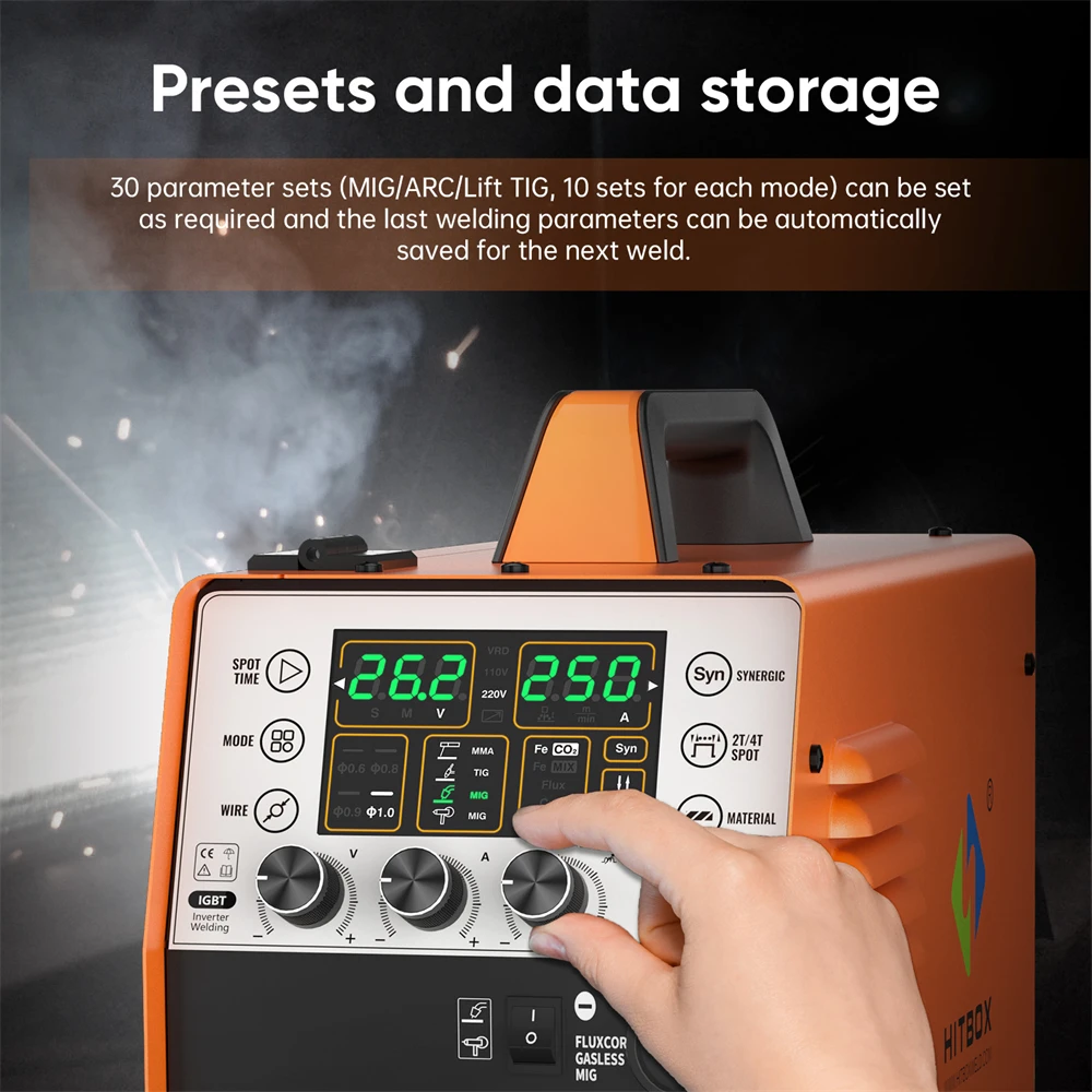 HITBOX MIG250 Aluminum MIG Welder 230V 6 in 1 Stick ARC MMA Gas/Gasless MIG LIift TIG Support Spool Gun Pulse Semiautomatic Welding Machine Synergy Welder Tool