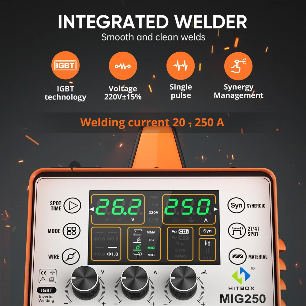 HITBOX MIG250 Aluminum MIG Welder 230V 6 in 1 Stick ARC MMA Gas/Gasless MIG LIift TIG Support Spool Gun Pulse Semiautomatic Welding Machine Synergy Welder Tool