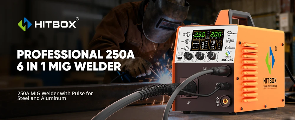 HITBOX MIG250 Aluminum MIG Welder 230V 6 in 1 Stick ARC MMA Gas/Gasless MIG LIift TIG Support Spool Gun Pulse Semiautomatic Welding Machine Synergy Welder Tool