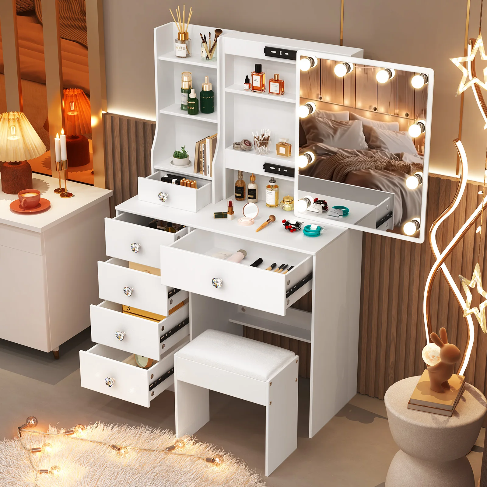 Teousev Dressing Table Vanity Set with Sliding Mirror Frame, 3-Color Dimmable LED Lights, 6 Drawers & Stool, Ideal Bedroom Gift