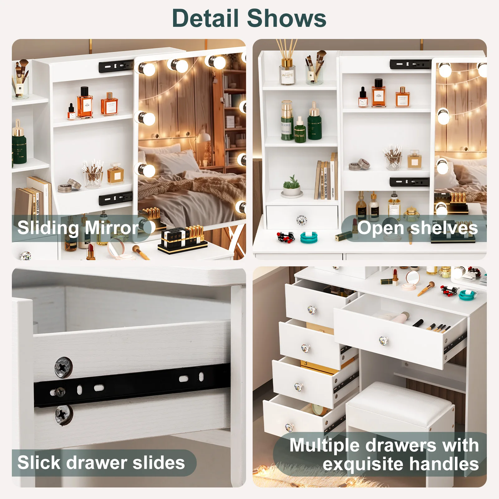 Teousev Dressing Table Vanity Set with Sliding Mirror Frame, 3-Color Dimmable LED Lights, 6 Drawers & Stool, Ideal Bedroom Gift