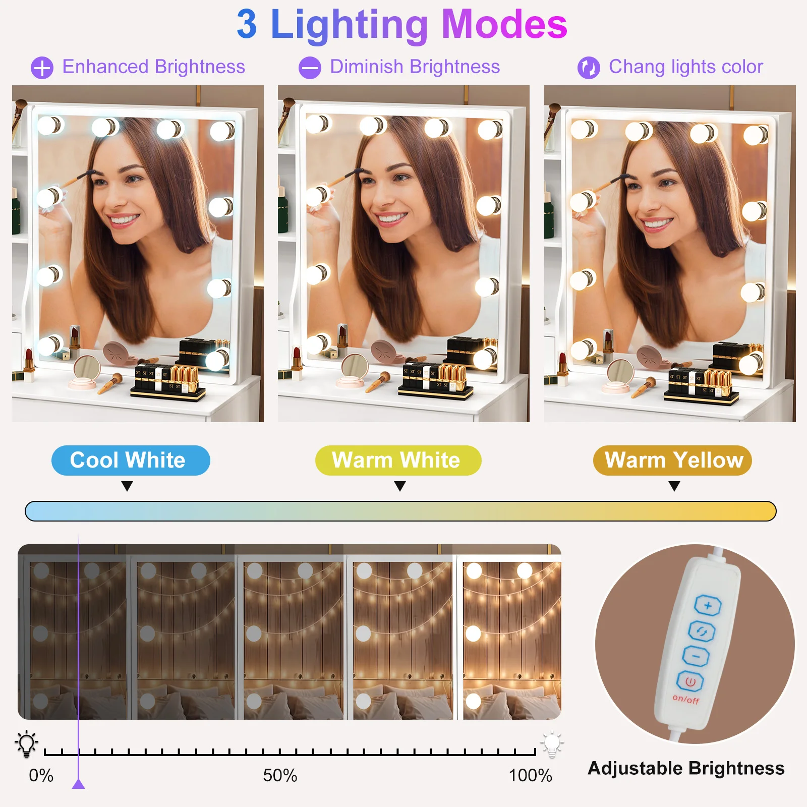 Teousev Dressing Table Vanity Set with Sliding Mirror Frame, 3-Color Dimmable LED Lights, 6 Drawers & Stool, Ideal Bedroom Gift