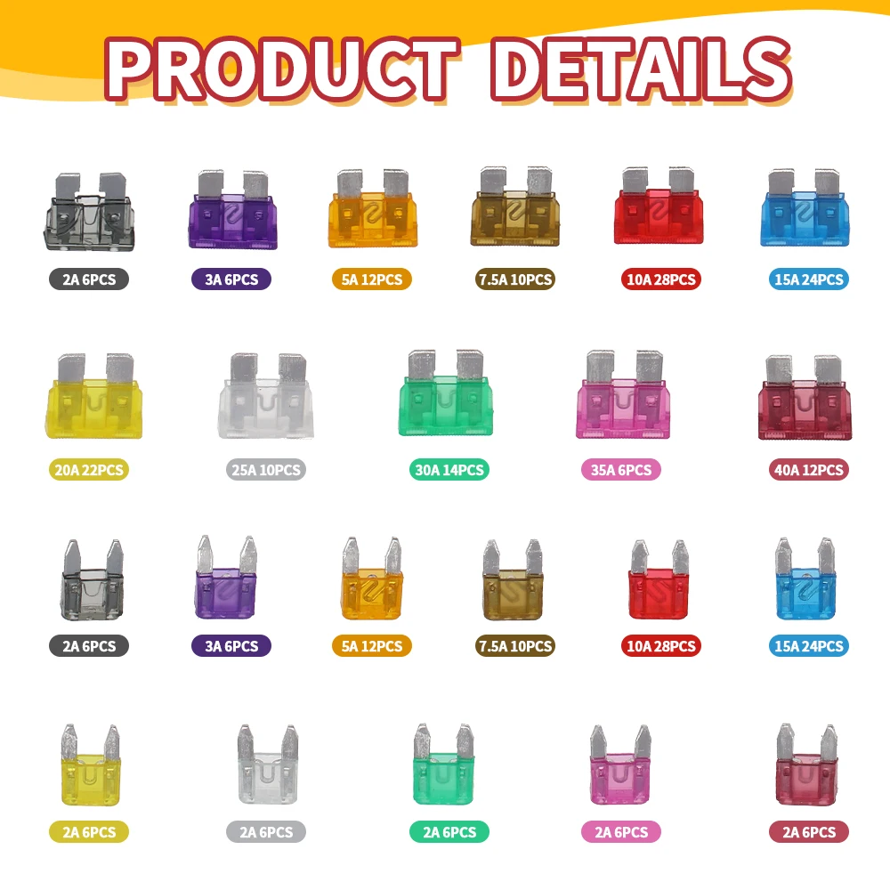 300pcs 5/7/10/15/20/25/30A Fuse Car Blade Fuse Assortment Assorted Kit Mini Small Size Blade Set Auto Truck Automotive Fuse
