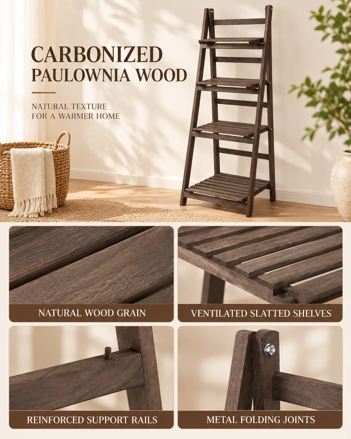 4 Tier Foldable Wooden Plant Stand Ladder Shelf Flower Pot Display Rack for Indoor Patio Balcony Garden