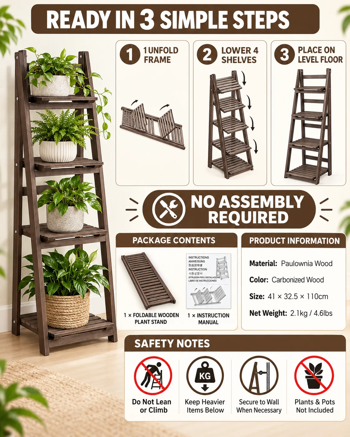 4 Tier Foldable Wooden Plant Stand Ladder Shelf Flower Pot Display Rack for Indoor Patio Balcony Garden