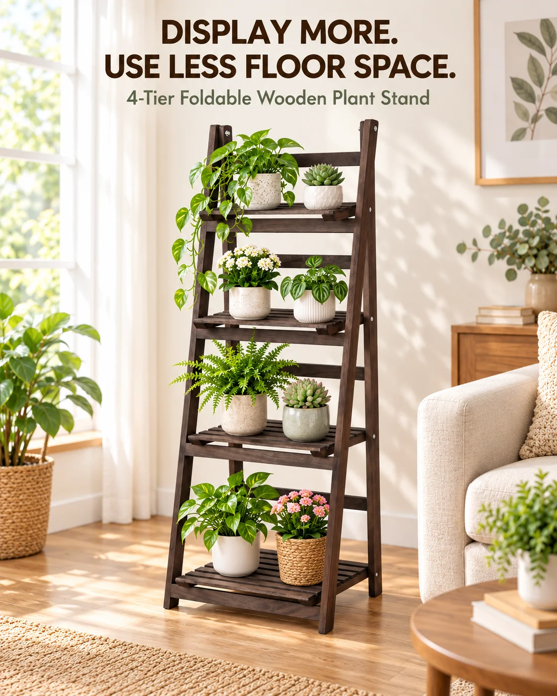 4 Tier Foldable Wooden Plant Stand Ladder Shelf Flower Pot Display Rack for Indoor Patio Balcony Garden