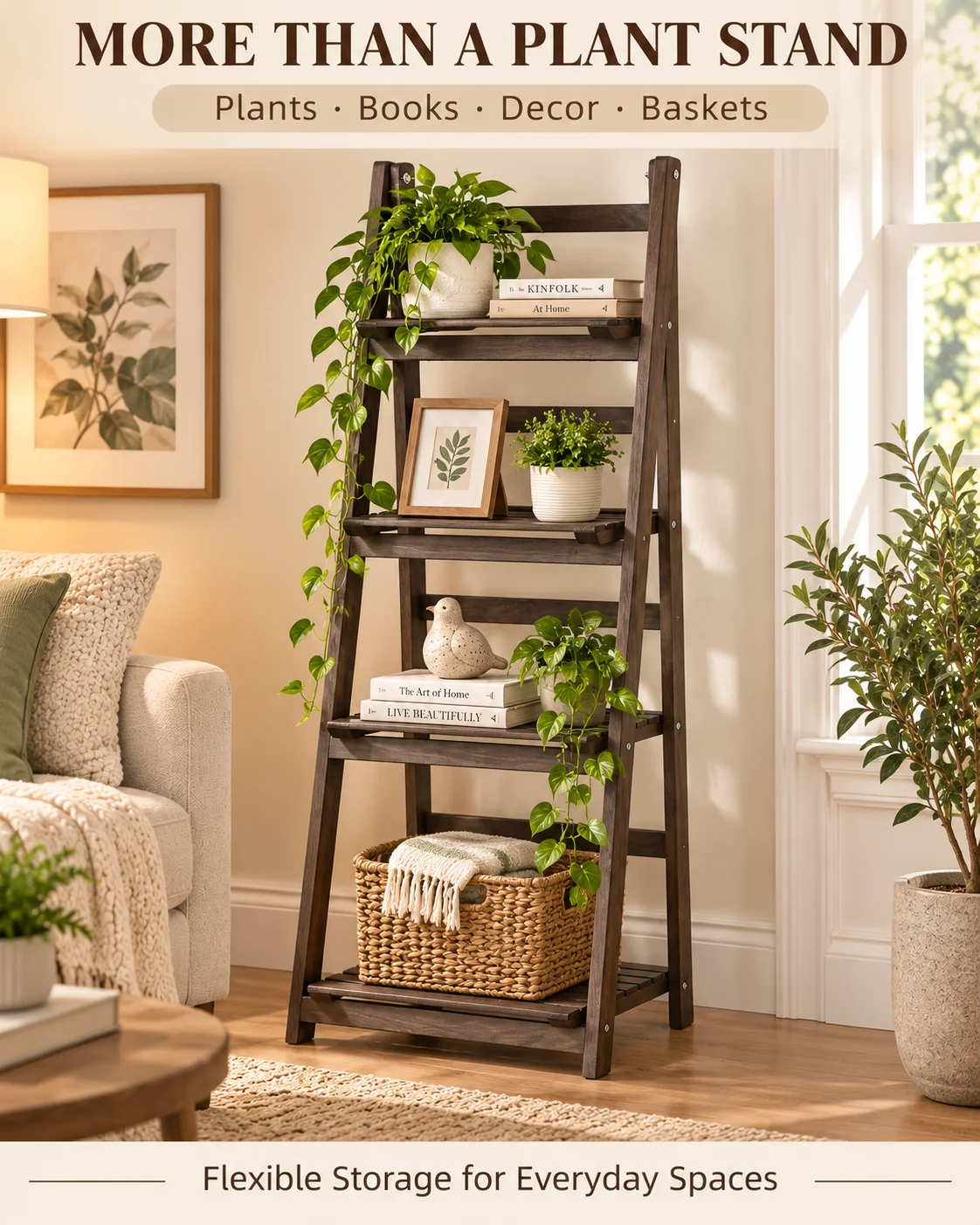 4 Tier Foldable Wooden Plant Stand Ladder Shelf Flower Pot Display Rack for Indoor Patio Balcony Garden