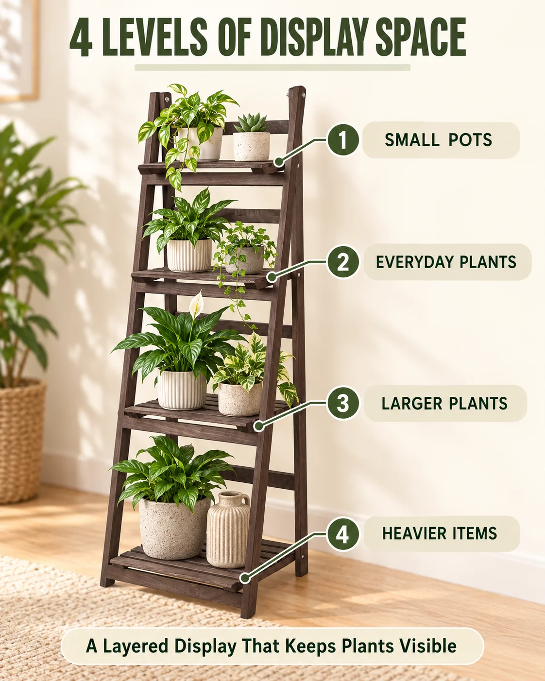 4 Tier Foldable Wooden Plant Stand Ladder Shelf Flower Pot Display Rack for Indoor Patio Balcony Garden