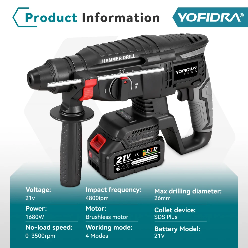 YOFIDRA 26mm Brushless Electric Hammer Drill Cordless Multifunctional Impact Drill Power Tools For Makita 18V Battery Pin