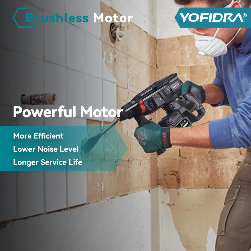 YOFIDRA 26mm Brushless Electric Hammer Drill Cordless Multifunctional Impact Drill Power Tools For Makita 18V Battery Pin