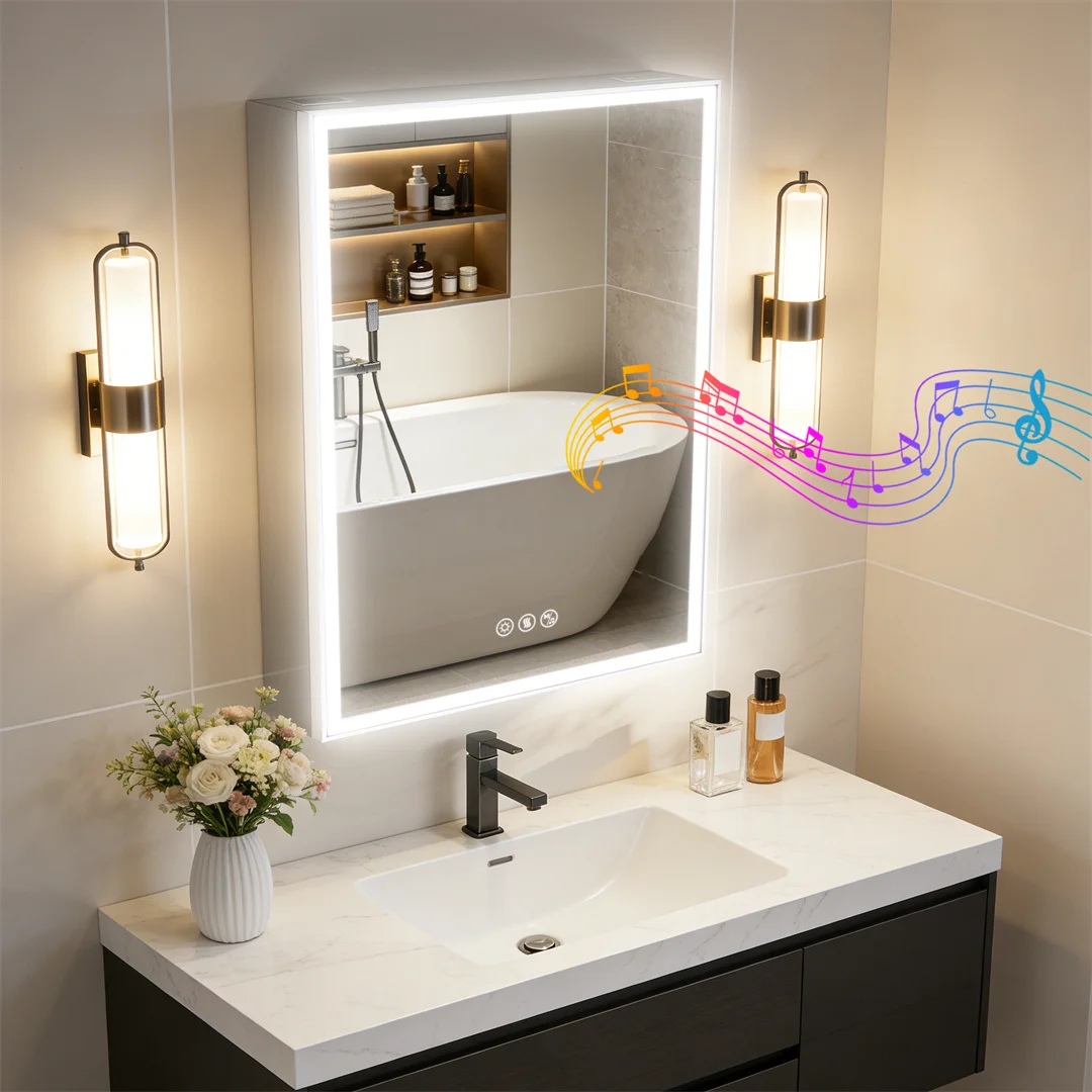 LUVODI 20x28" LED Bathroom Mirror Cabinet with Bluetooth,Lighted Storage Vanity Medicine Cabinet, Dimmable Anti-Fog