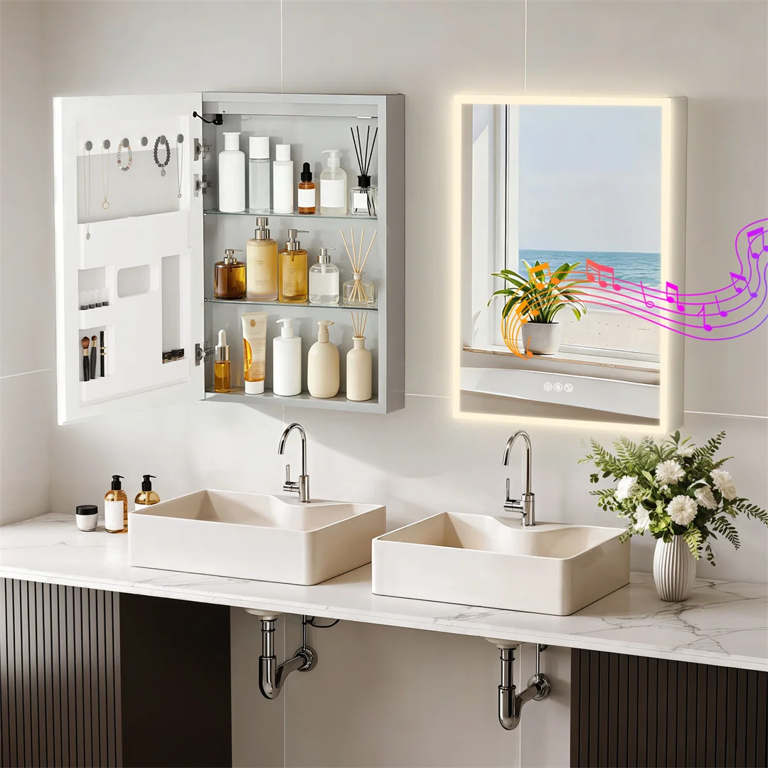 LUVODI 20x28" LED Bathroom Mirror Cabinet with Bluetooth,Lighted Storage Vanity Medicine Cabinet, Dimmable Anti-Fog
