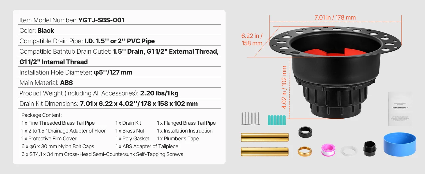 SucceBuy ABS Freestanding Tub Drain Kit 2 Brass Tail Pipes with ABS Adapter of Tailpiece Compatible with Freestanding Bathtubs