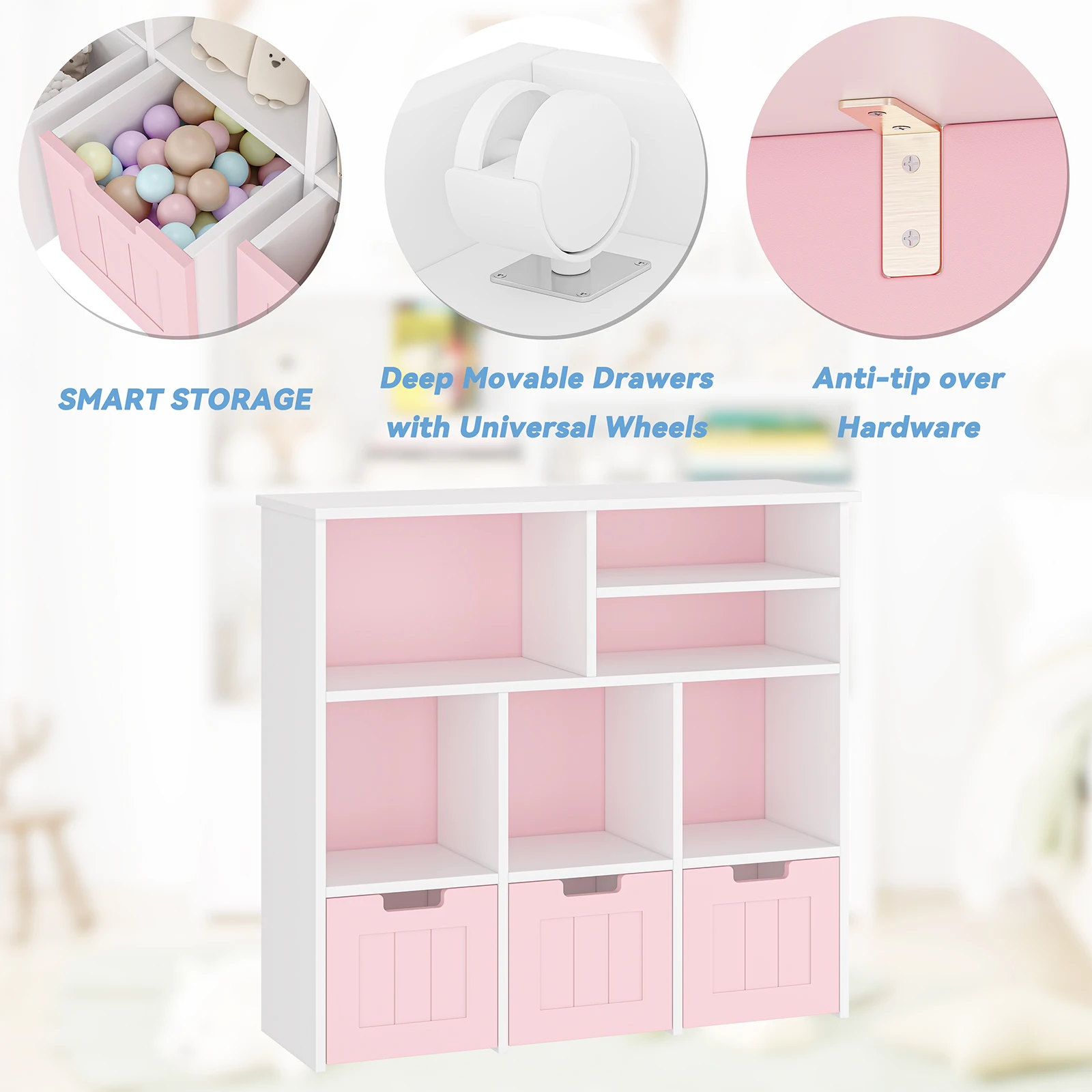 Toy Storage Cabinet with 3 Movable Drawers & 6Cubes, Children's Toy Shelf Kids Bookshelf with Hidden Wheels,Bookcase Toy Storage