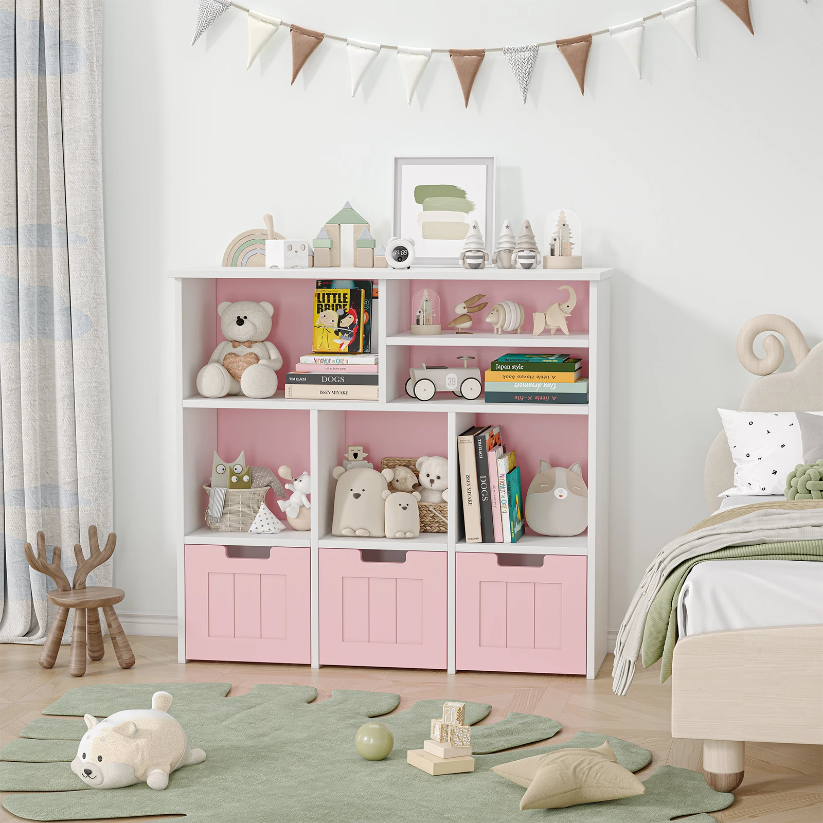 Toy Storage Cabinet with 3 Movable Drawers & 6Cubes, Children's Toy Shelf Kids Bookshelf with Hidden Wheels,Bookcase Toy Storage